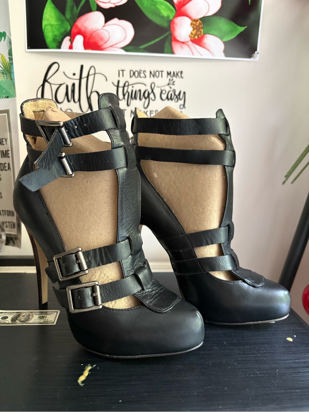 Aldo Black Strappy Buckle High Heel Booties